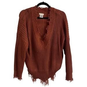Main Strip Women's Burnt Orange/Rust Distressed V-Neck Sweater Size M Pullover